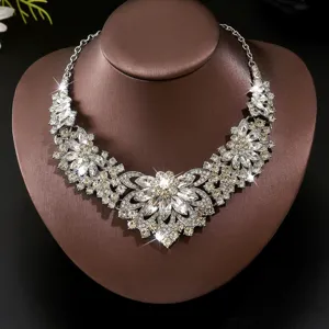 Gorgeous rhinestone floral statement necklace for women, sparkling crystal choker jewelry fashion.
