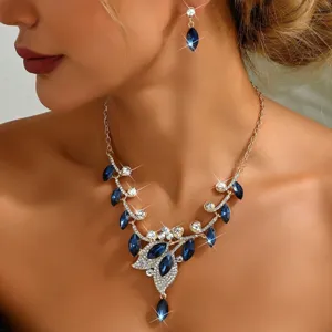 Elegante set collana orecchini con strass e pietra blu gioiello donna per festa