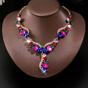Luxe kleurrijke strass statement ketting bruid huwelijk sleutelbeen ketting sieraden.