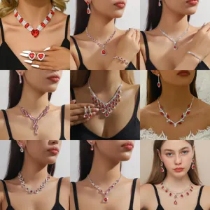 Lussuoso Set di Gioielli da Donna in Rame Con Collana Orecchini Braccialetto e Cristalli Rossi Strass per Matrimonio Banchetto