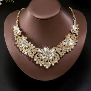 Gold rhinestone flower statement necklace for women luxury clavicle chain jewelry