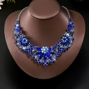 Exquisite blue rhinestone flower choker necklace, stunning crystal jewelry for women party.