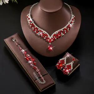 Stunning red crystal rhinestone necklace bracelet earrings jewelry set for women wedding party.