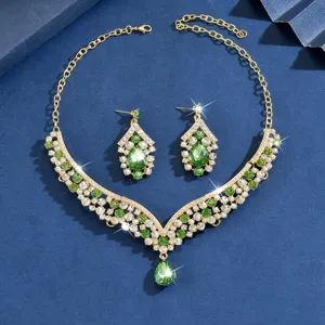 Gold-plated green crystal teardrop necklace and earrings bridal jewelry set for women.