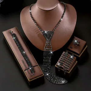 Ensemble de bijoux de mariage en strass noir collier cravate bracelet boucles d'oreilles.