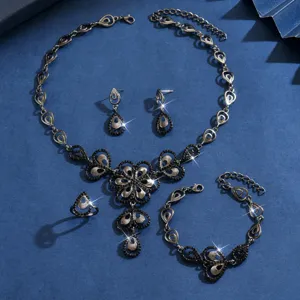 Elegante conjunto de joyas collar pendientes anillo pulsera flor cristal para mujer boda.