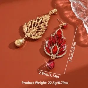 Eleganti orecchini pendenti foglia cristallo rosso, gioielli alla moda per feste e matrimoni.