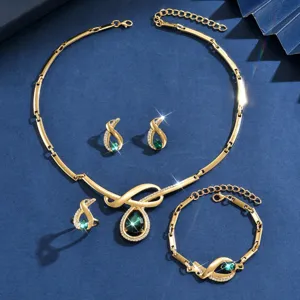 Elegante set di gioielli in lega dorata collana orecchini anello bracciale verde.