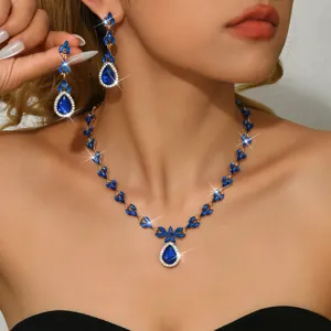 Luxury blue crystal teardrop necklace earrings set for women wedding party jewelry gift