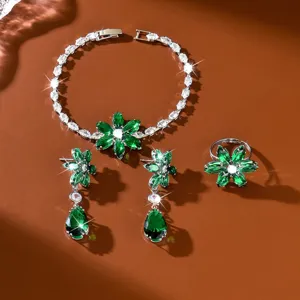 Élégant ensemble de bijoux en zircon vert fleur larme avec bracelet, boucles d'oreilles.