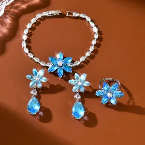 Set de bijoux fleur zircon bleu goutte d'eau collier boucles d'oreilles bague elegant