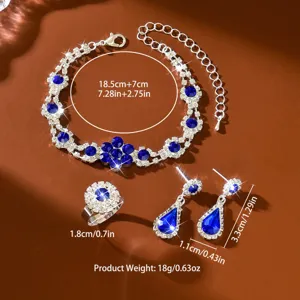 Elegante juego de joyas de cristal de diamantes de imitación con pulsera anillo y pendientes.
