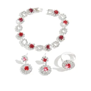 Elegante Set Gioielli Argento Cristallo Rosso Braccialetto Orecchini Anello Donna Moda
