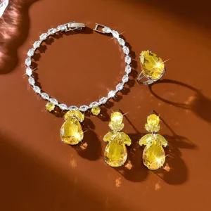Splendido set di gioielli in zircone giallo con collana, anello e orecchini per abito da sposa.
