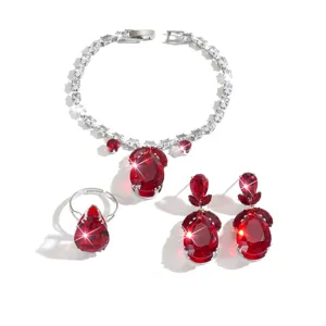 Elegante set di gioielli da sposa con collana anello orecchini in zircone rosso rubino