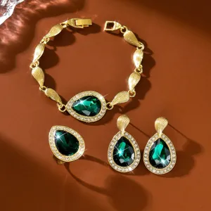 Set di gioielli di cristallo verde a goccia di lusso con bracciale anello e orecchini chic.