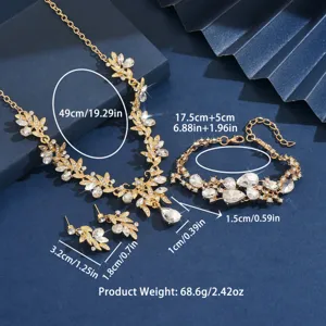Set di gioielli da sposa con collana, bracciale e orecchini in strass foglia oro.