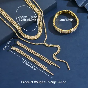 Rhinestone tassel necklace bracelet earrings set detail shot showing dimensions and weight.