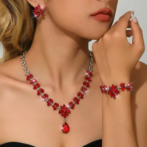 Elegante set di gioielli con collana orecchini bracciale cristalli rossi per donna