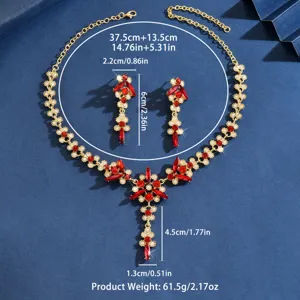 Conjunto collar pendientes diamantes imitación rojos novia, diseño borlas hoja elegante.