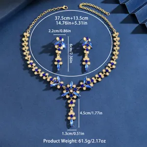 Elegante conjunto de joyas de novia con collar y pendientes de cristal azul oro.