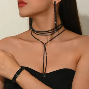 Elegant black rhinestone lariat necklace earrings bracelet set for women evening party jewelry