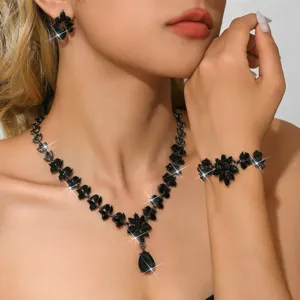 Set collana orecchini bracciale foglia cristallo nero gioielli abito da sera