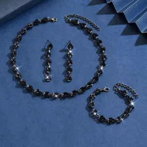 Set di gioielli collana orecchini bracciale in cristallo nero con strass da donna