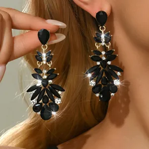 Longues boucles d'oreilles larme cristal noir, strass dorées luxueuses pendantes femme