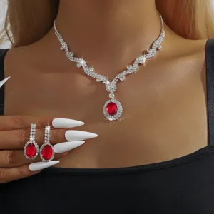 Set Collana Orecchini Cristallo Rosso Strass Matrimonio Banchetto Moda Festa Gioielli