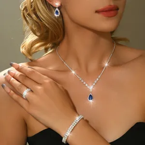Splendida parure gioielli sposa goccia zircone blu collana orecchini bracciale anello set