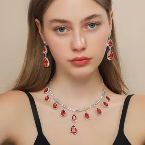 Completo collana orecchini goccia cristallo rosso elegante donna gioielli da sposa