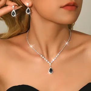 Splendido set collana e orecchini in zircone nero a goccia, eleganti gioielli da sposa strass.
