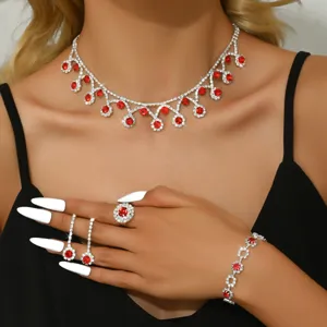 Set di gioielli con collana orecchini braccialetto in cristallo rosso da donna per festa di matrimonio