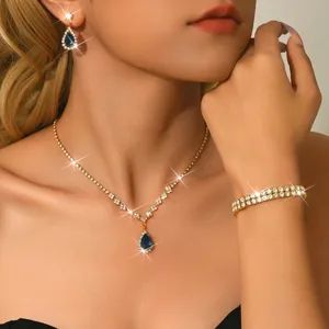 Set di gioielli da sposa con zircone a goccia blu brillante, collana, orecchini, bracciale.