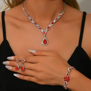 Set gioielli cristallo rosso collana orecchini bracciale donna matrimonio festa abito donna