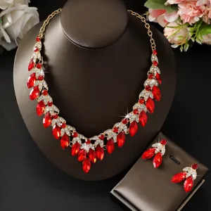 Set di gioielli con collana e orecchini in cristallo rosso strass vintage per sposa festa.