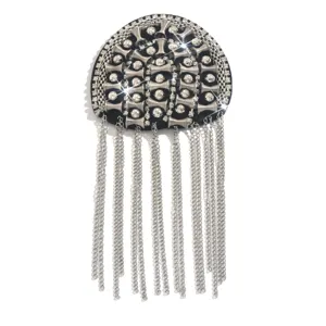 Rhinestone metal tassel epaulet detail closeup, luxury stage costume shoulder accessory trim
