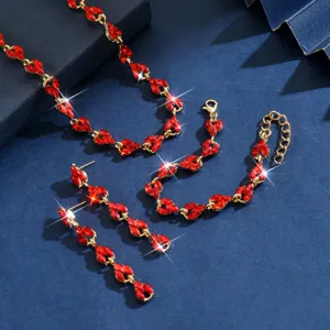 Set gioielli collana bracciale orecchini cristallo rosso dettaglio lucido elegante stile