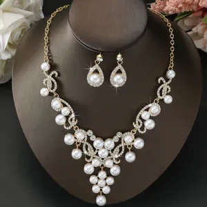 Esagerato retro lega strass perla sposa collana orecchini set per abito da sera elegante.