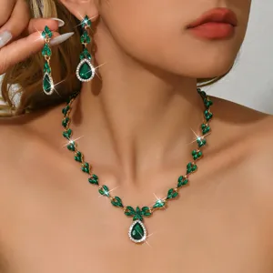 Luxury green crystal teardrop necklace earrings jewelry set for women wedding banquet wear