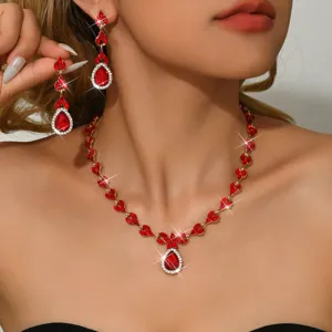 European and American luxury red crystal bow necklace and earrings set for women wedding party.