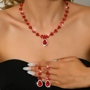 Luxury red crystal necklace and earrings set, elegant design for wedding evening party.