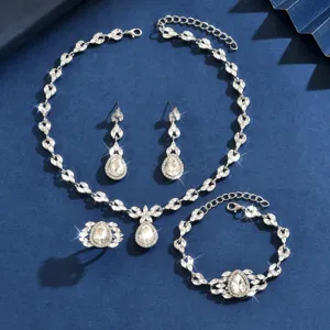 Luxury silver-tone crystal bridal jewelry set necklace earrings ring bracelet for women