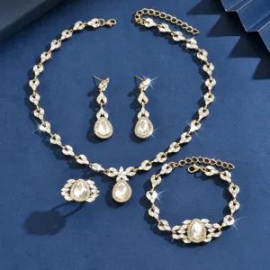 Luxury gold crystal rhinestone necklace earrings bracelet ring jewelry set for women wedding