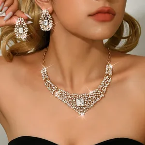 European vintage crystal necklace earrings set luxury bridal rhinestone jewelry for women 2pcs