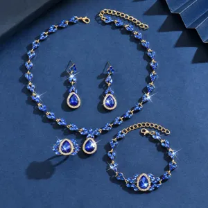Luxury blue crystal jewelry set with necklace earrings bracelet and ring for women banquet