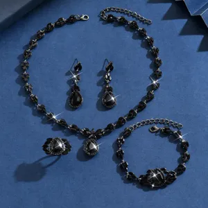 Luxury black crystal teardrop necklace earrings bracelet ring jewelry set for women party