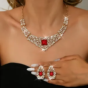 Vintage crystal rhinestone statement necklace and earrings set for women bridal party jewelry