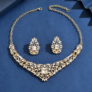 Vintage gold rhinestone crystal necklace and earrings set for women bridal wedding jewelry